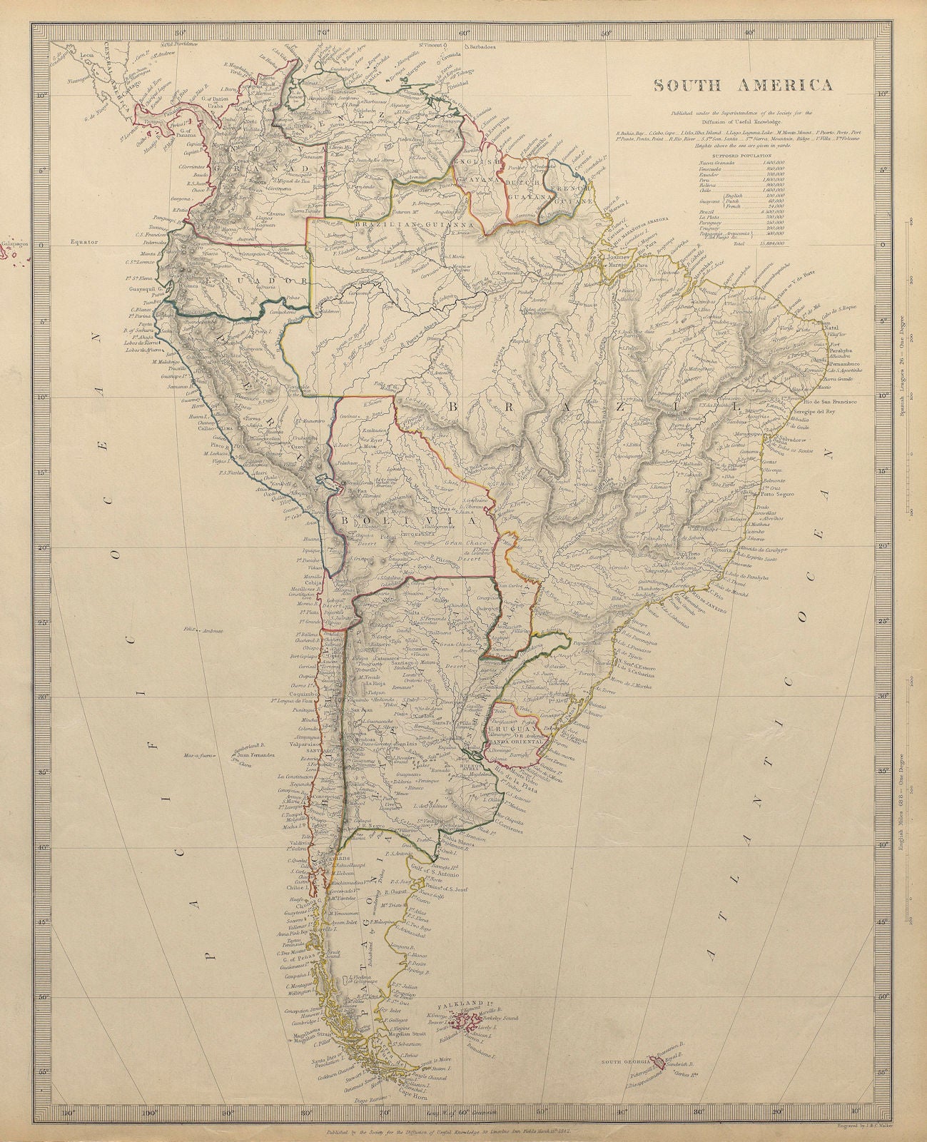 SOUTH AMERICA. Brazil Chile Peru Bolivia Patagonia La Plata. SDUK 1844 old map